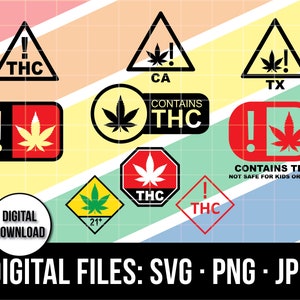 Etiquetas de advertencia de THC, advertencia sobre el cannabis, descarga digital, contiene el símbolo de THC, universal, advertencia de THC, descarga instantánea de THCa, símbolos de precaución