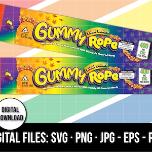Download digital de embalagem de corda de goma, download de embalagem de doce de THC de cannabis, embalagem de produto para impressão de goma com infusão de Kush Berry, erva daninha PNG