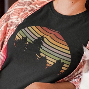 Sun Pine Tree TShirt | Sunset | Sunrise | Trees | Forest | Nature | Vintage | Retro Style Sunset  - Women's Custom Tee