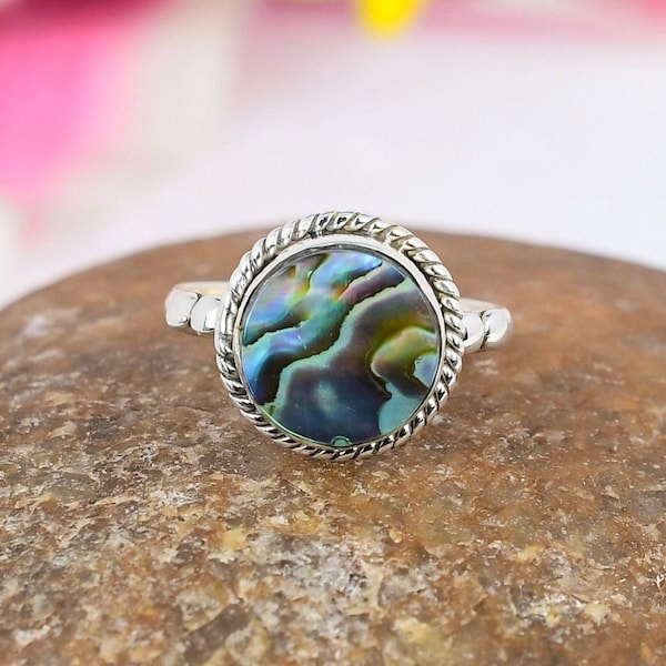 Abalone Shell Ring,  Natural Abalone Shell Sterling Silver Ring, Puha Shell Bohemian Ring, Multi Color Sea Stone, Mermaid Jewelry for Women