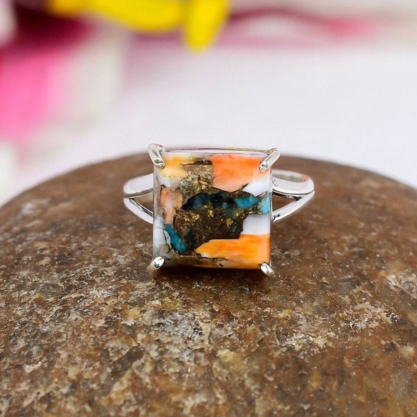 Turquoise Ring, Natural Spiny Oyster Turquoise Sterling Silver Ring, Multi Color Turquoise Ring, Handmade Ring, Gift For Her