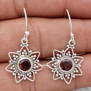 Garnet Earring, 925 Sterling Silver Earring, January Birthstone Earring, Filigree Jewelry, Round Cut Garnet, Garnet Silver Earring