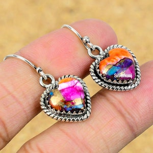 Pink Oyster Copper Turquoise Heart Earrings: Sterling Silver Dangle