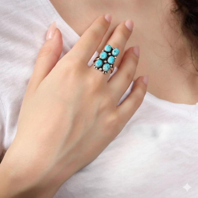 Kingman Turquoise Sterling Silver Ring: Southwestern Cluster Jewelry Bild 3