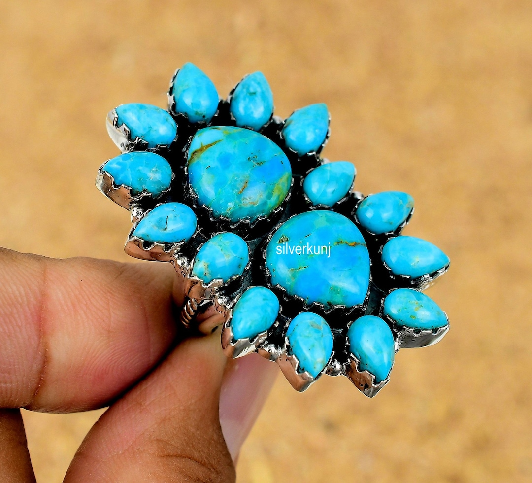Kingman Turquoise Sterling Silver Ring, Navajo Cluster Ring - Etsy