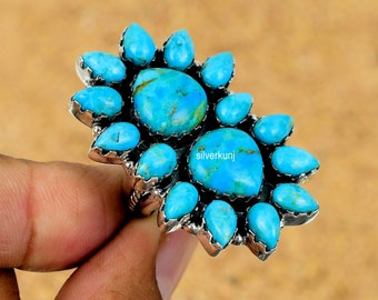 Kingman Turquoise Sterling Silver Ring, Navajo Cluster Ring