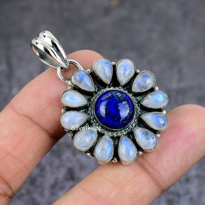 Lapis Lazuli Rainbow Moonstone Pendant Natural Gemstone Sterling Silver Jewelry Lapis Moonstone Statement Pendant Handmade Gift for Her