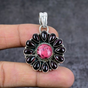 Thulite Mozambique Garnet Pendant Sterling Silver Pendant Natural Thulite Gemstone Pendant Handmade Designer Jewelry Healing Stone Pendant