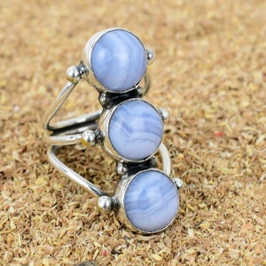 Natural Blue Lace Agate Gemstone Sterling Silver Ring, Blue Sea Waves Stone Jewelry, Anniversary Gift For Her , Blue Stone Ring