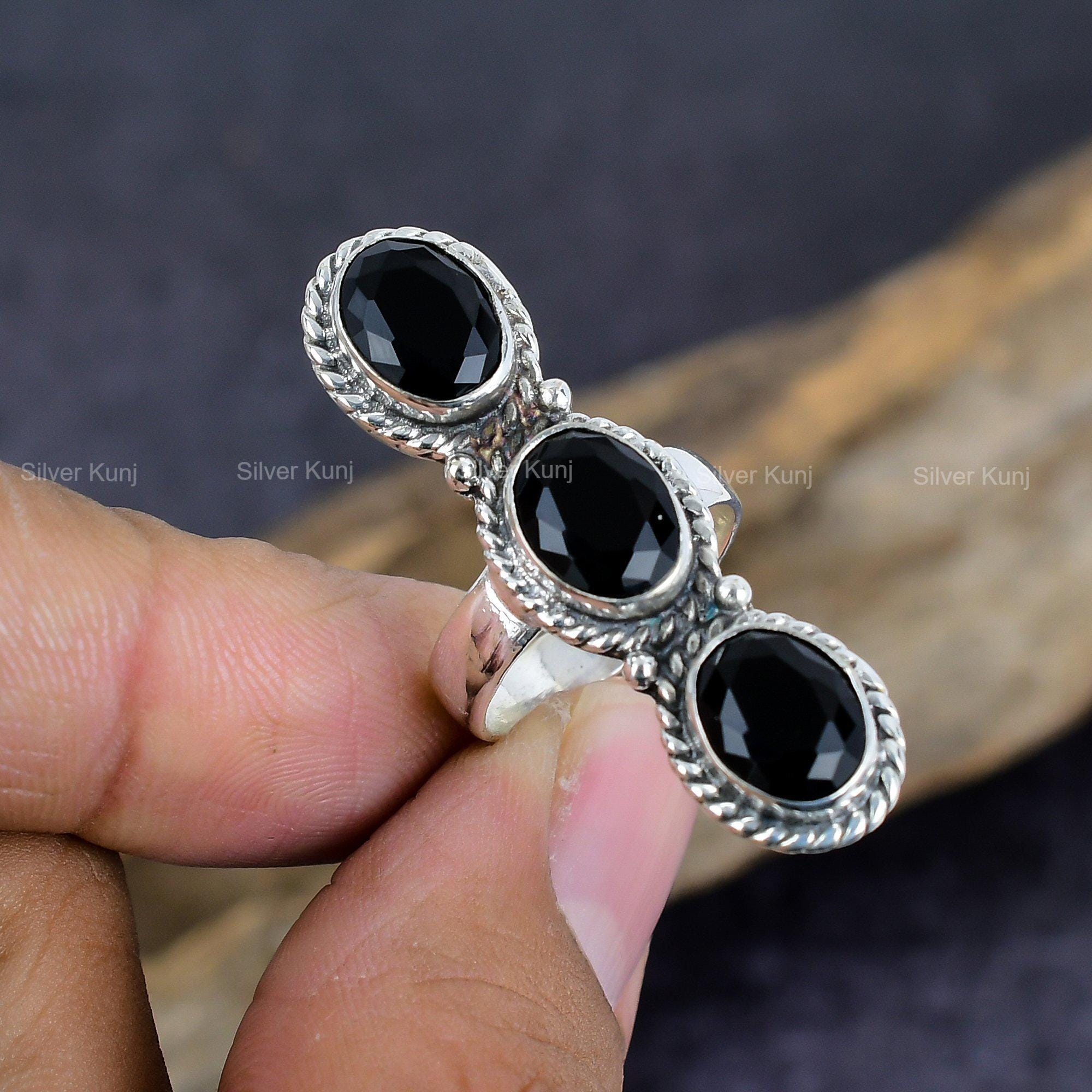 Faceted Black Onyx Ring: Stamped 925 Sterling Silver, Three Stone Ring