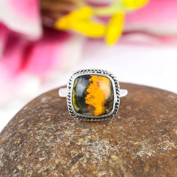Bumble Bee Jasper Ring, Bumble Bee Jasper Sterling Silver Ring, Stackable Ring, Statement Ring, Handmade Rings, Anniversary Gift For Women