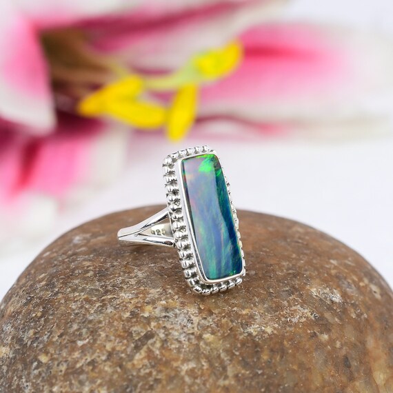 Aurora Opal Gemstone Ring, Rainbow Opal Sterling Silver Ring