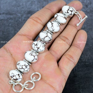 Navajo White Buffalo Turquoise Sterling Silver Bracelet Buffalo Turquoise 12*16 MM Stone White & Brown Turquoise Handmade Vintage Bracelet