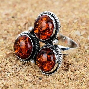 Baltic Amber Sterling Silver Gemstone Ring, Three Stone Ring, Orange Stone Ring, Engagement Gift for Her