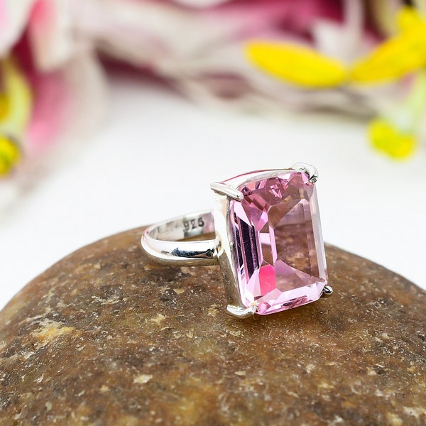 Kunzite Ring, Pink Kunzite Stone Sterling Silver Ring, Cushion Shape Kunzite Ring, Kunzite Prong Silver Ring, Pink Stone Ring Gift For Her