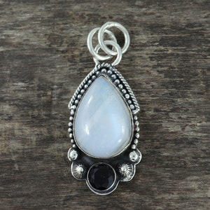Rainbow Moonstone Pendant, 925 Sterling Silver Gemstone Pendant, White Black Stone Jewelry, Birthday Gift for Her