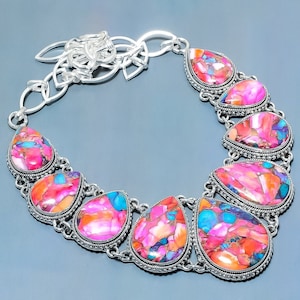 Kingman Turquoise Necklace: Pink Oyster Copper Sterling Silver, 18 Inch