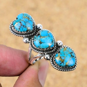 Turquoise Heart Ring, Kingman Copper Turquoise Sterling Silver Ring, Navajo Kingman Turquoise Designer Boho Ring, Jewelry For Women