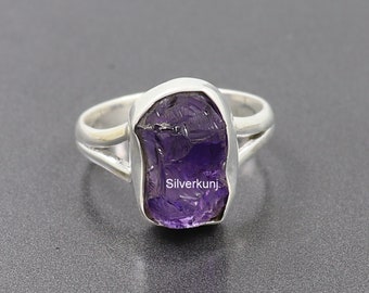 Bague en améthyste brute, bague en argent sterling en améthyste naturelle, bague délicate, bague druze améthyste, bague en cristal violet, bague empilable pour femmes