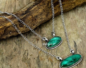 Malachite Necklace – 925 Sterling Silver Bar Necklace – Vintage Style Statement Jewelry Gift for Her