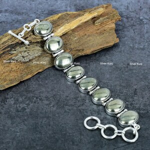 Pyrite Gemstone Bracelet, Sterling Silver Bracelet, Natural Golden Pyrite Stone, 92.5 Stamped Silver Jewelry, Engagement Gift for Her