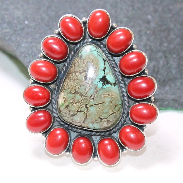 Bague corail turquoise, bague corail rouge et argent sterling turquoise, bague de corail turquoise vintage amérindien, bague corail boho corail corail