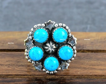Kingman Turquoise Sterling Silver Ring: Wide Band Southwestern Style Birthday Gift Jewelry