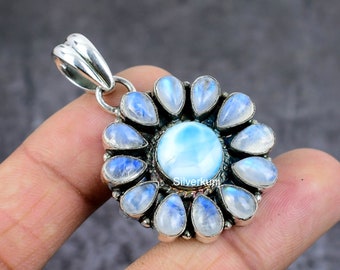 Natural Larimar & Rainbow Moonstone Sterling Silver Pendant, Larimar Handmade Pendant Multi Stone Boho Silver Jewelry Birthday Gift For Her
