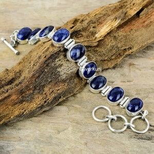 Sodalite Bracelet, Natural Sodalite Gemstone Sterling Silver Bracelet, Bohemian Blue Angel- Sodalite Healing Stone Jewelry, Men&#39;s Bracelet
