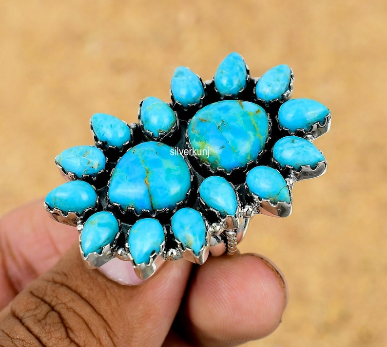 Kingman Turquoise Sterling Silver Ring, Navajo Cluster Ring - Etsy