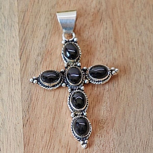Black Onyx Cross Pendant, Natural Onyx Sterling Silver Pendant, Protection Holly Cross Pendant for Men & Women, Handcrafted Vintage Jewelry