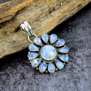 Rainbow Moonstone Sterling Silver Pendant: Handmade Floral Jewelry