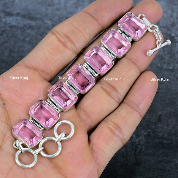 Pink Kunzite Gemstone Bracelet, 925 Sterling Silver Jewelry, Adjustable Chain Bracelet, Vintage Bracelet, Kunzite Silver Jewelry