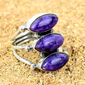Charoite Ring, Charoite Sterling Silver Ring, Purple Charoite Bohemian Ring, Women&#39;s Gift Ring, Anniversary Gift Ring, Three Stone Ring