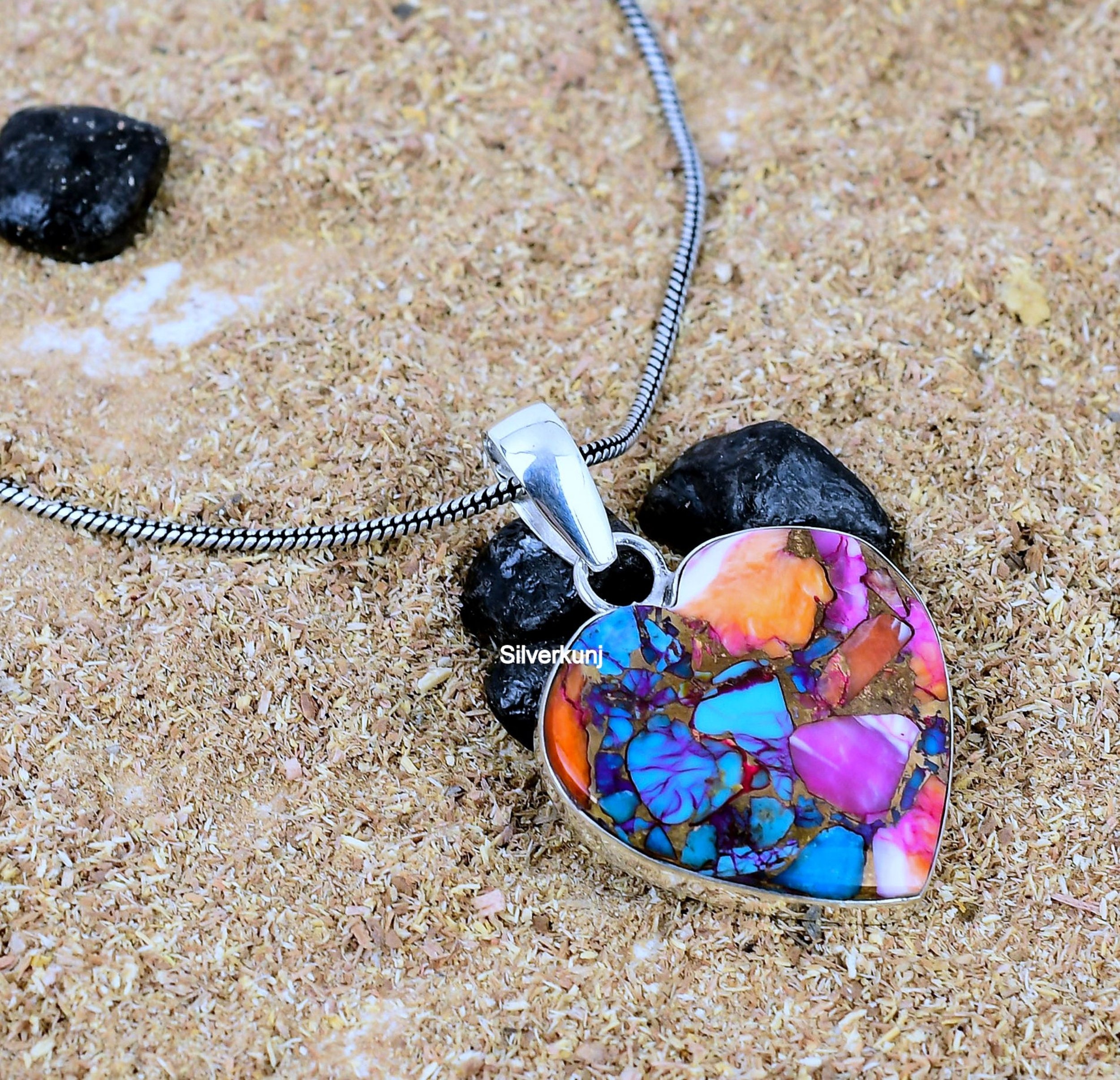 Kingman Pink Dahlia Turquoise Heart Sterling Silver Pendant Multi