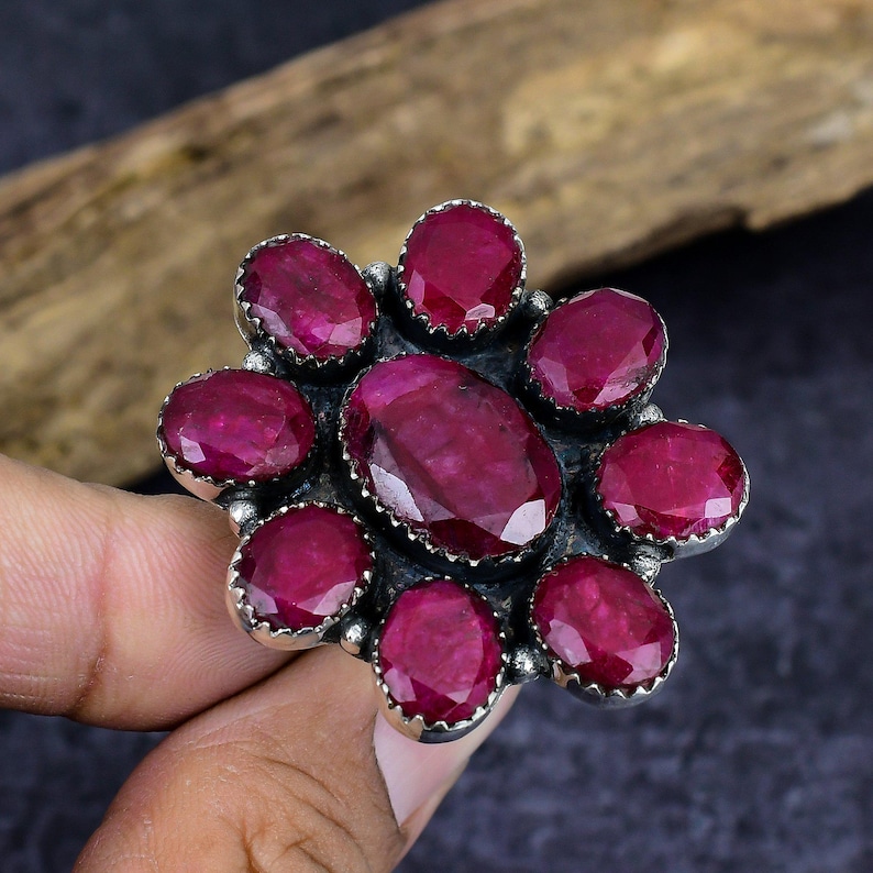 Ruby Statement Ring, Handmade Silver Cluster Ring, Vintage Style Gemstone Jewelry bild 1