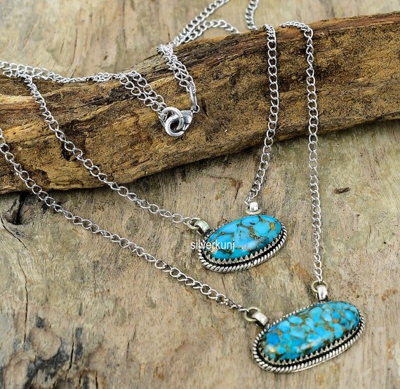 Blue Copper Turquoise Gemstone Handmade 925 Sterling Silver Jewelry Necklace Gift For Love Bar Necklace Handmade Gift for Bridal