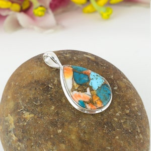 Turquoise Pendant - Spiny Oyster Turquoise Sterling Silver Pendant, Handmade Bohemian Pendant - Multi Color Turquoise - Pendant For Gift