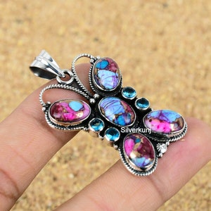 Turquoise Pendant, Kingman Pink Dahlia Turquoise Sterling Silver Pendant, Multi Color Turquoise, Natural Pink Oyster Turquoise Gift Pendant