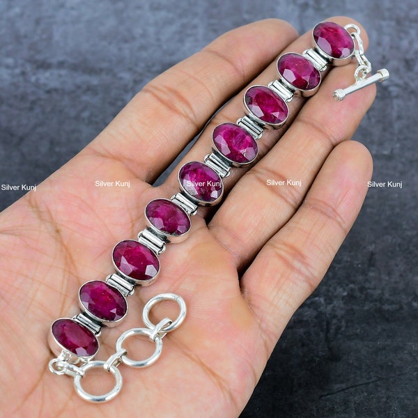 Ruby Silver Bracelet, Faceted Ruby Sterling Silver Bracelet, Handmade Adjustable Chain Bracelet, Healing Birthstone Jewelry