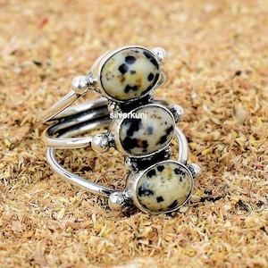 Dalmatian Jasper Ring, Natural Dalmatian Jasper Sterling Silver Ring, Three Stone Stacking Ring, Dalmatian Bohemian Silver Gift Ring For Her