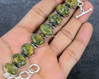 Rhyolite Jasper Bracelet: Sterling Silver Link Bracelet, Green Stone Jewelry