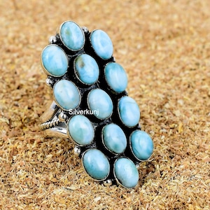 Larimar Ring,Natural Larimar Gemstone Sterling Silver Ring,Navajo Southwest Ring,Art Deco Engagement Handmade Statement Ring,Gift For Her