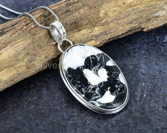 Buffalo Turquoise Sterling Silver Pendant, Navajo Buffalo Turquoise Big Size Oval Jewelry, White & Black Turquoise, Best Gift for Mother Day