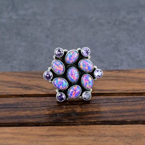 Aurora Opal Ring, Balloon Aurora Opal & Blue Zircon Sterling Silver Ring, Multi Color Opal Stone, Small Cluster Ring, Wedding Gift for Her