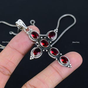 Faceted Garnet Cross Pendant: 925 Sterling Silver Religious Jewelry