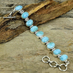 Larimar Bracelet, Natural Caribbean Larimar Sterling Silver Bracelet, Larimar Silver Hinged Bracelet, Crystal Healing Stone, Gift For Her