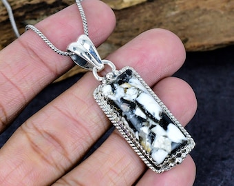 Navajo Buffalo Turquoise Silver Pendant, White Black Turquoise Sterling Silver Vintage Pendant with Chain, Birthday Gift for Her