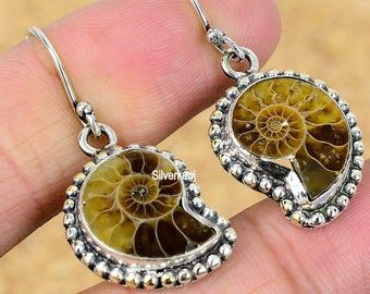 Ammonite Fossil Earrings: Sterling Silver Drop Earrings