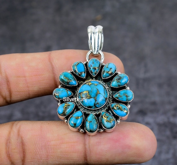 Copper Blue Turquoise Pendant: 925 Sterling Silver Cluster